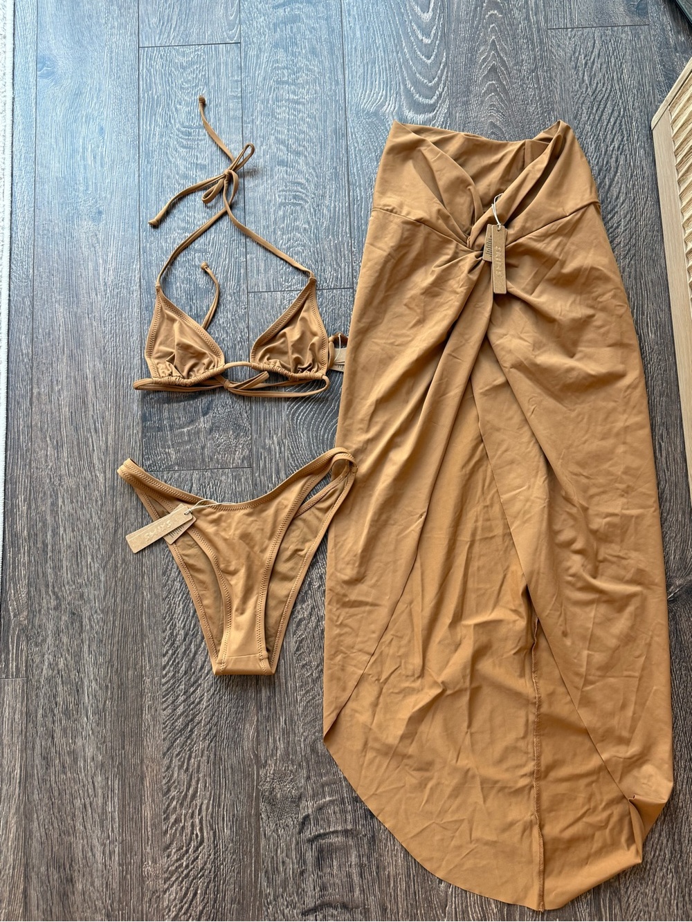 Skims Three-Piece Tan Bikini Set with Sarong